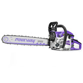 PINKWAY chainsaw front view showing controls and ergonomic handle for comfortable cutting