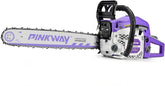 PINKWAY front-angle chainsaw showing controls and ergonomic handle for safer handling