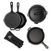 Pit Boss front view of six-piece cast iron kit showing all contents and benefits