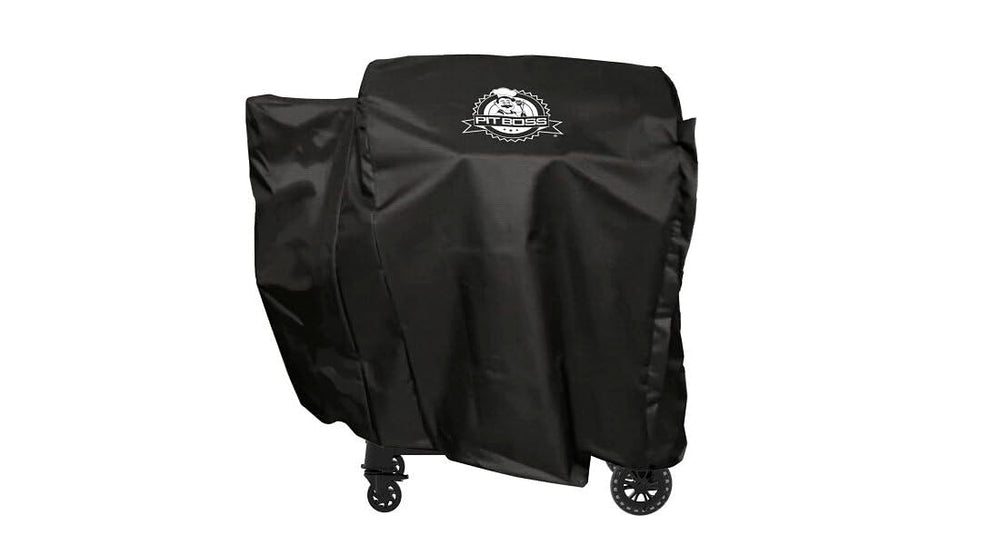 Pit Boss front view of cover on 850 series grill showing full-length protection and fit