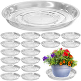 Planterhoma front packaging showing 16-piece clear saucer set protecting floors