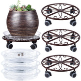 Planterhoma 3-pack front view showing bronze plant caddies and wheels, easy mobility