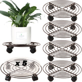 Planterhoma front pack showing five brown metal plant caddies and saucers for convenient storage