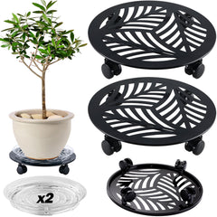 Planterhoma front view of two black metal plant caddies shows decorative appeal and stability