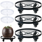 Planterhoma front view showing three wheeled metal plant caddies protecting floors