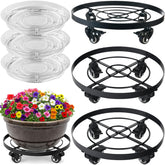Planterhoma front view of three metal plant caddies showing mobility and organization