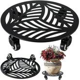 Planterhoma front view of metal plant caddy showing shaped ring and leaf pattern, adds stylish stability