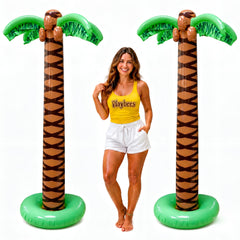 Playbees front view of 2-pack inflatable palm trees showing bold tropical decor