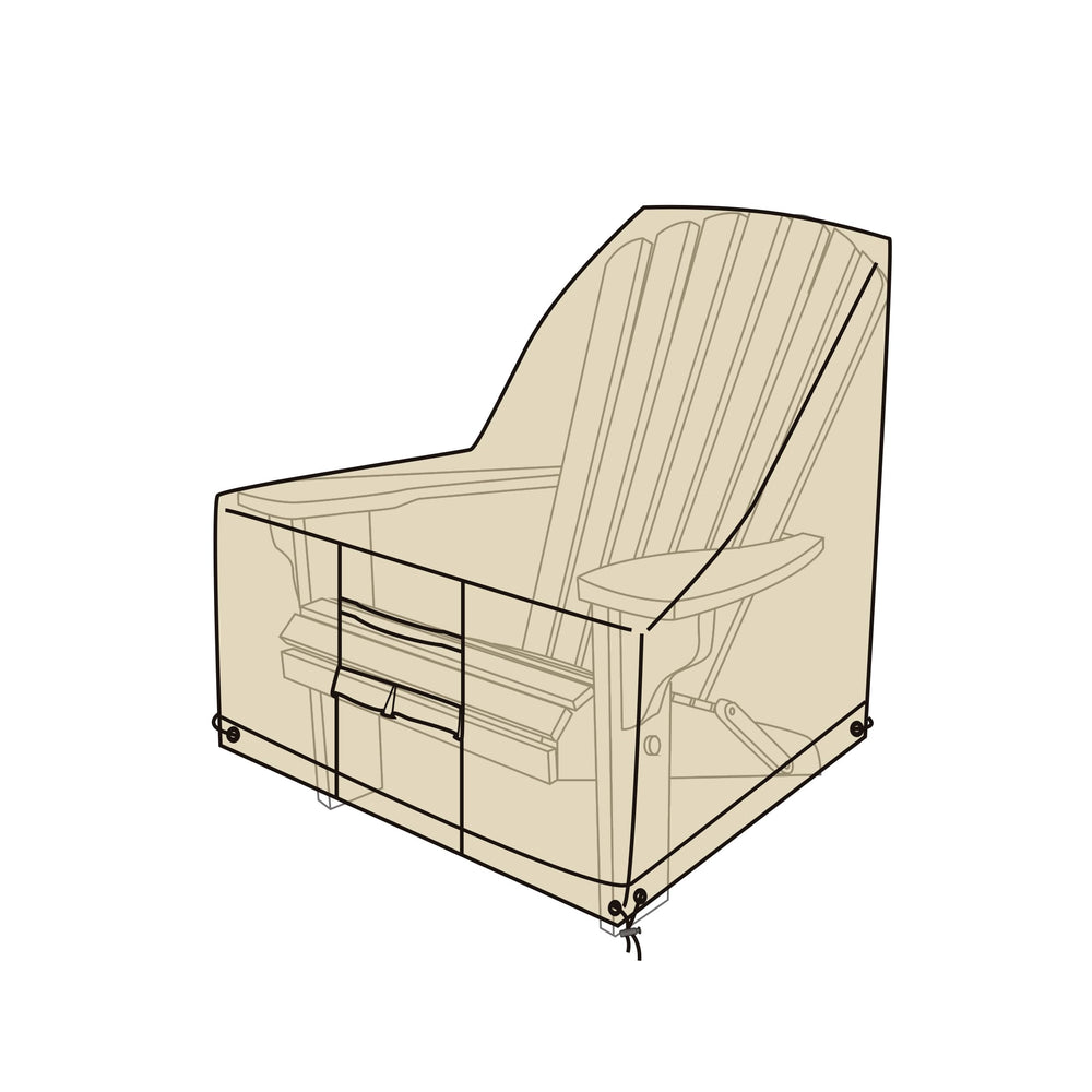 Plow & Hearth cover front view protecting Adirondack chair, shows full coverage benefit