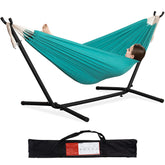 PNAEUT double hammock front view showing aqua stripes and comfortable design