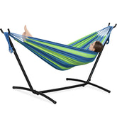 PNAEUT front view showing hammock with steel stand and vibrant stripes for stylish comfort