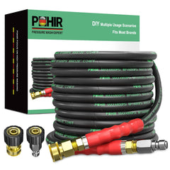 POHIR front view of 50ft pressure washer hose showing full length and fittings benefit durability