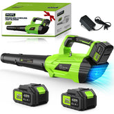 POIFL front view of blower showing controls and bright green finish, easy visibility benefit