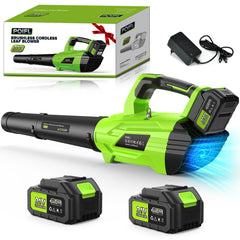 POIFL front view of blower showing controls and bright green finish, easy visibility benefit