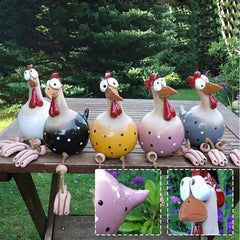 POKSAUAE front view of five colorful rooster figurines showing playful designs and waterproof finish