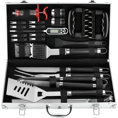 POLIGO aluminum case front view showing organized grill kit, easy transport benefit