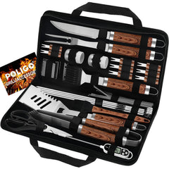POLIGO front packaging showing complete 29-piece grill kit and gift-ready bag