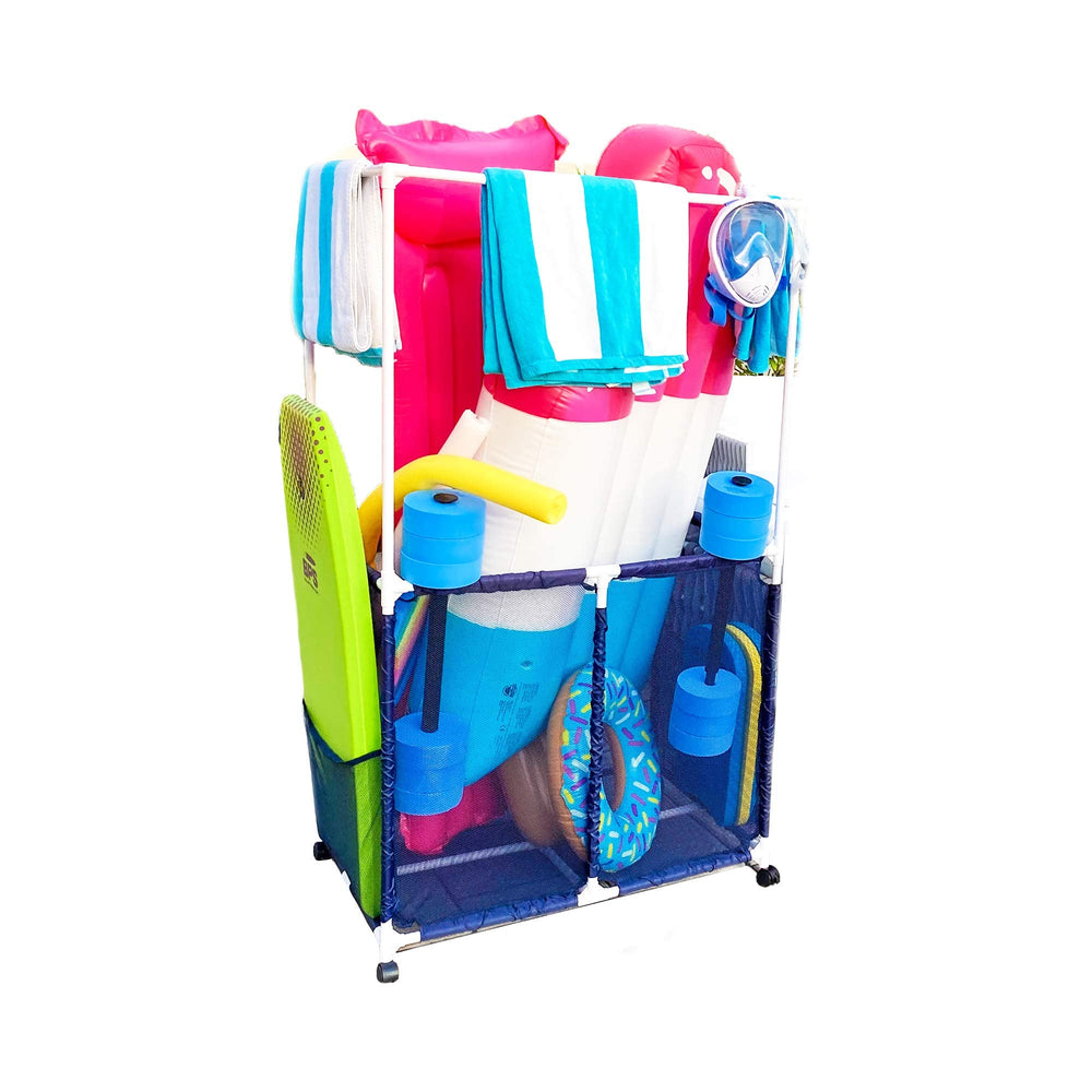 Pool Bins front view showing full organizer and tidy poolside benefit