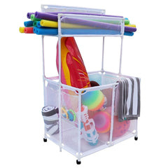 Pool Bins front view of large white double-decker organizer showing neat storage benefit