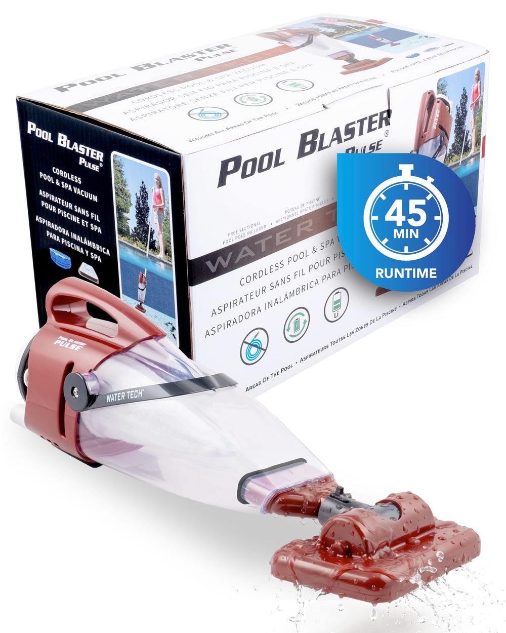 POOL BLASTER Pulse front view showing compact cordless vacuum and benefits