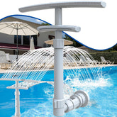 PoolCoolPro front-mounted fountain showing installed return and flowing spray benefit cooling