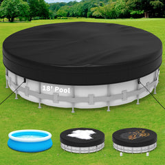 Poolergetic front view of 18FT round cover protecting pool from debris