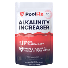 PoolFix 10 lb bucket front showing packaging and easy-grip handle for convenient storage
