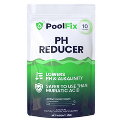 PoolFix 10 lb bag front view showing label and benefits for safe pH reduction