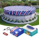 POOLHACKER front view of red 24 ft cover showing branding and secure fit benefits