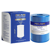 POOLPURE spa filter front view showing cartridge and fit benefit