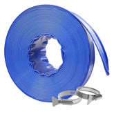 Poolvio front view of coiled blue lay-flat hose showing compact storage and easy transport