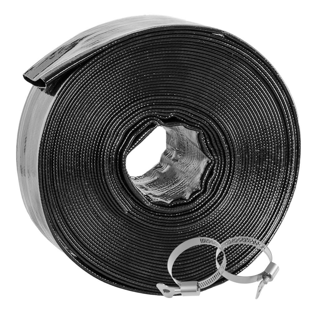 Poolvio front view of packaged 1.5"x100ft hose showing durable build and length