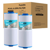 Poolzilla front packaging showing two replacement spa filters and fit details