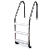 Poolzilla front view of ladder showing three steps and dual handrails for safe access