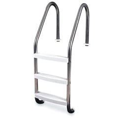 Poolzilla front view of ladder showing three steps and dual handrails for safe access