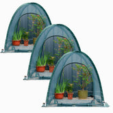 porayhut front view of three pop-up covers protecting raised beds