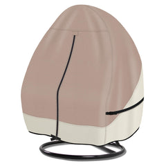 Porch Shield front view showing full cover protecting double-seat egg chair and benefits