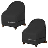 Porch Shield front view showing two black covers protecting chairs, adds outdoor durability