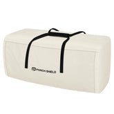 Porch Shield front view of beige cushion bag showing neat storage benefit