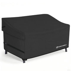 Porch Shield front view covering a two-seat loveseat showing full protection