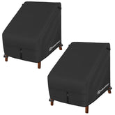 Porch Shield front view of two black covers protecting lounge chairs, durable protection