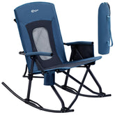 Portal front view of oversized blue rocking chair showing roomy seat and back support