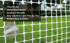 PotatoLife white fence mesh close-up highlighting 0.8 inch squares and durability benefit