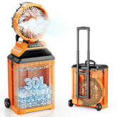 Powdeom front view showing 30L bucket and fan for portable outdoor cooling