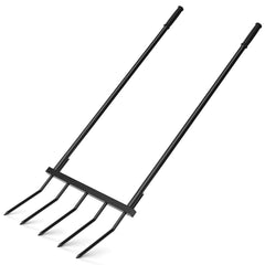 Powerber broadfork front view showing sturdy frame and five tines for efficient soil loosening