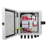 PowGrow combiner box front panel closed showing lockable metal enclosure and IP65 weatherproof benefit