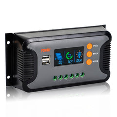 PowMr 30A controller front panel showing ports and LED indicators for easy monitoring