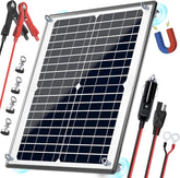 POWOXI front panel view showing compact 20W solar charger and durable frame benefit