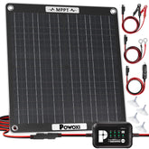 POWOXI front view of 30W ETFE solar maintainer showing compact form and labels for reliable protection