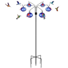 Pozfun front view showing six dotted-blue glass feeders and stand, attracts hummingbirds